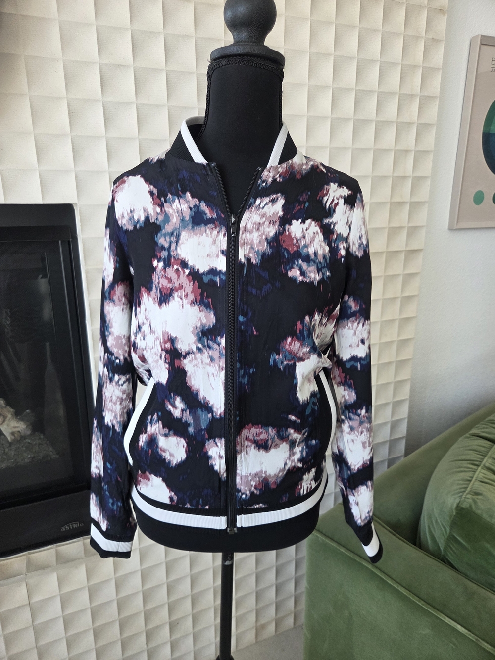 RVCA The One Sport Black Bomber Jacket with Watercolor Abstract Floral Print
